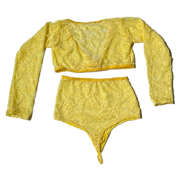 Nadhenri&co Two Tone Yellow Lace Lingerie Set Long Sleeve and High Waised Bottom - Picture 2 of 10